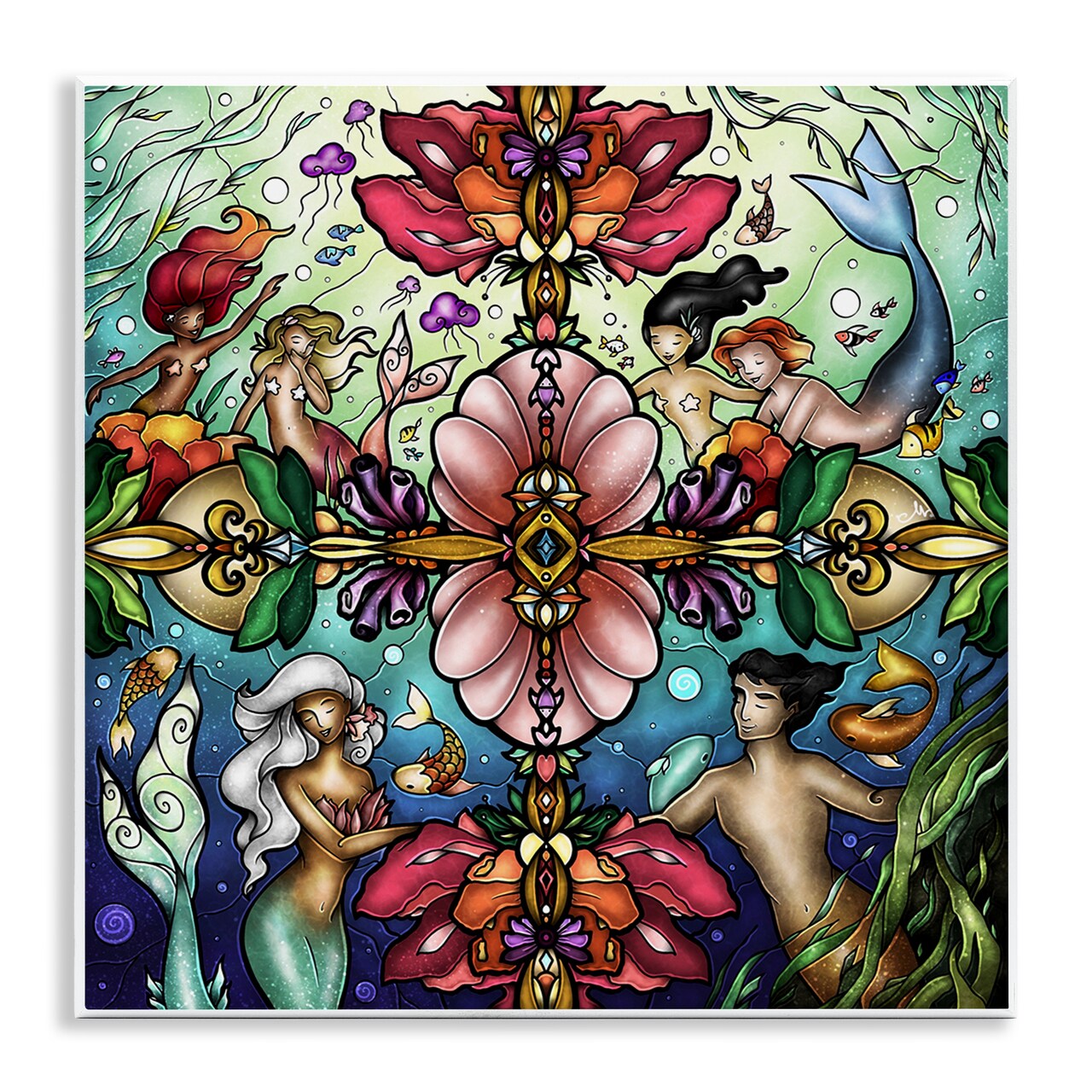 Stupell Industries Detailed Stain Glass Style Mermaids Wall Plaque Design by Mandie Manzano